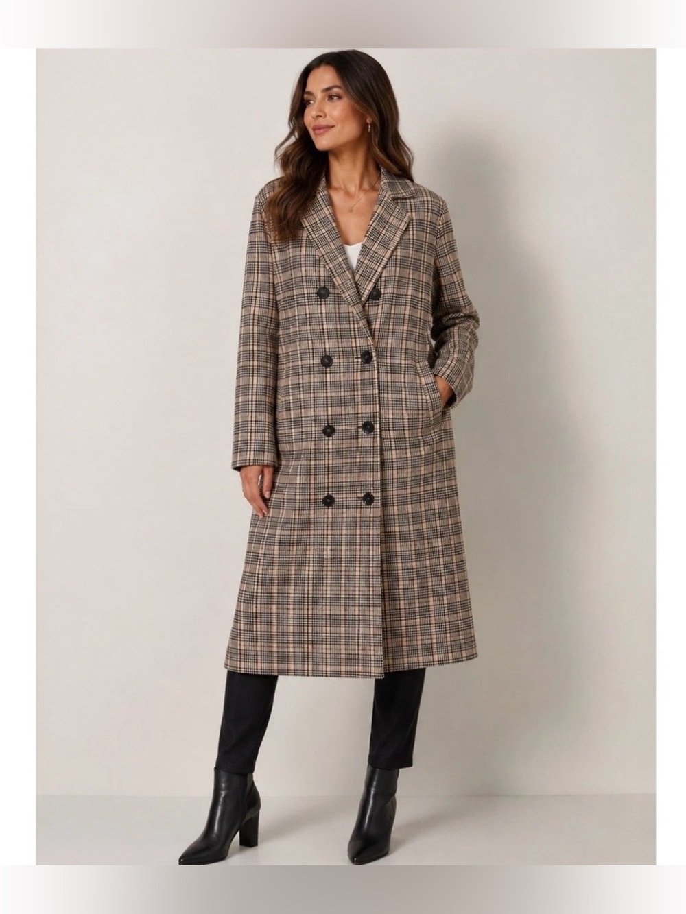 TAHARI Women’s Plaid Double Breasted Trench Coat Belted Long Jacket Brown XS